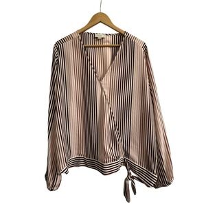Loft Outlet Womens XL Striped Wrap Blouse Long Sleeve Side Tie V-Neck Burgundy